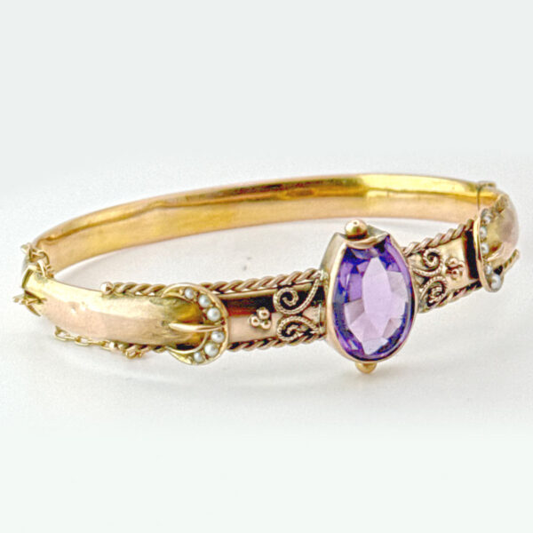 Victorian-Style-Bangle-Set-With-Horse-Shoe-Amethyst-and-Seed-Pearl-9ct-C1936-1 Victorian Style Bangle Set With Horse Shoe Amethyst and Seed Pearl 9ct C1936