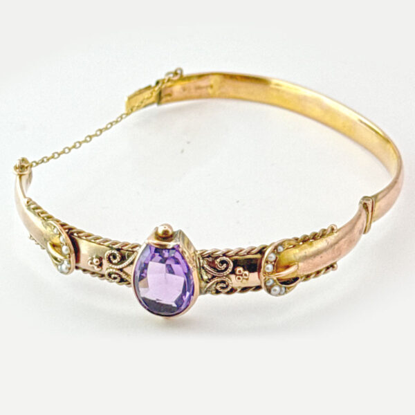 Victorian-Style-Bangle-Set-With-Horse-Shoe-Amethyst-and-Seed-Pearl-9ct-C1936-2 Victorian Style Bangle Set With Horse Shoe Amethyst and Seed Pearl 9ct C1936