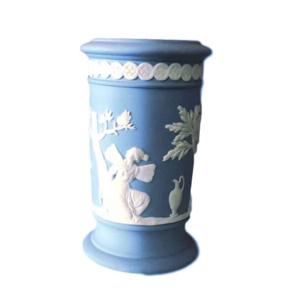 Wedgwood Jasper Ware Cylindrical Vase On Light Blue