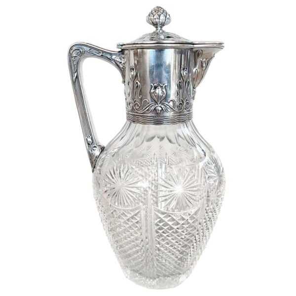 Art Nouveau Crystal and Silver Claret Jug Post 1894