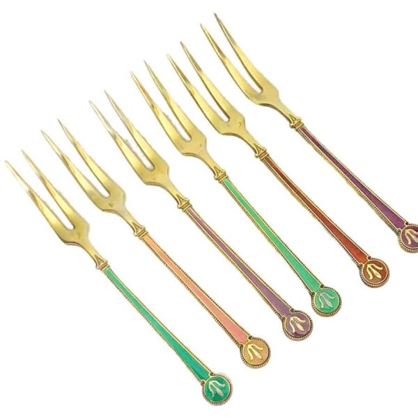 David Anderson Set Of Six Silver And Enamel Cake Forks
