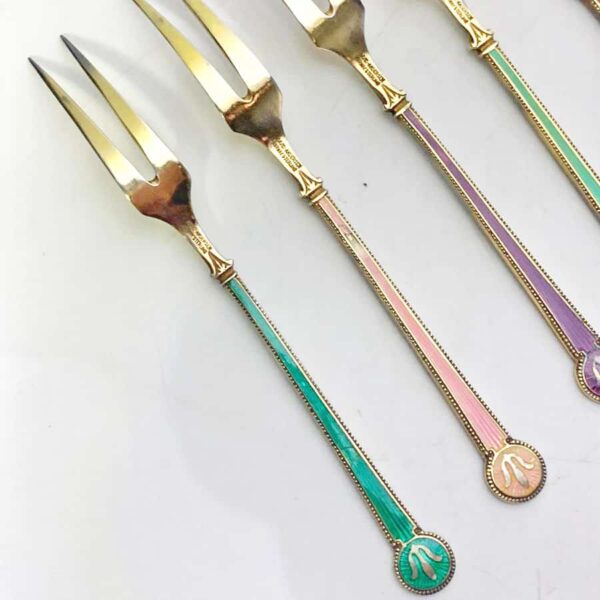 David Anderson Set Of Six Silver And Enamel Cake Forks