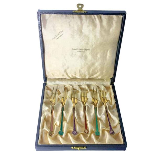 David Anderson Set Of Six Silver And Enamel Cake Forks