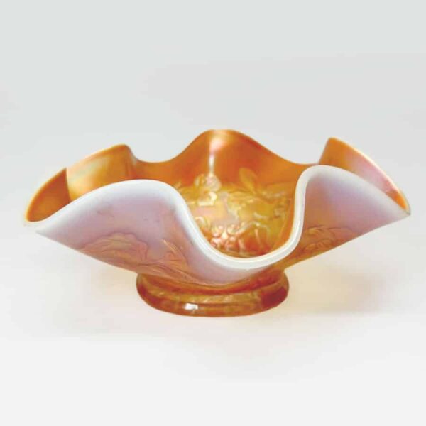 Dugan Diamond Peach Opal Six Petals Carnival Glass Bowl C1920