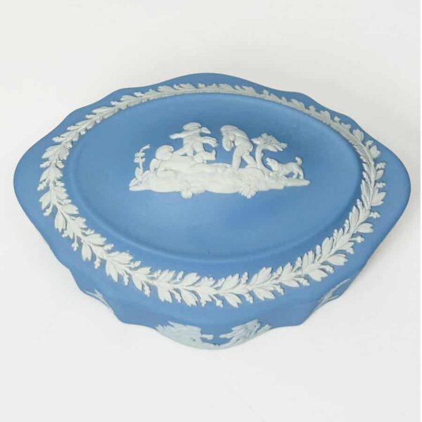 Wedgwood Blue Jasperware Reclining Cherub With Dog Classic Trinket