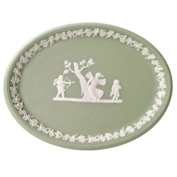 Wedgwood Green Jasper Ware Oval Plaque Angel and Cupid