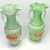 Murano Italy Pair Green Glass Vases With Applied Flower and Leaves 20th