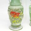 Murano Italy Pair Green Glass Vases With Applied Flower and Leaves 20th