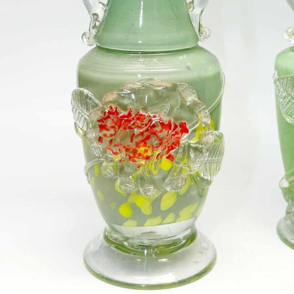 Murano Italy Pair Green Glass Vases With Applied Flower and Leaves 20th