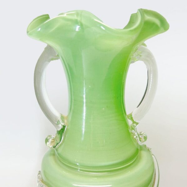 Murano Italy Pair Green Glass Vases With Applied Flower and Leaves 20th