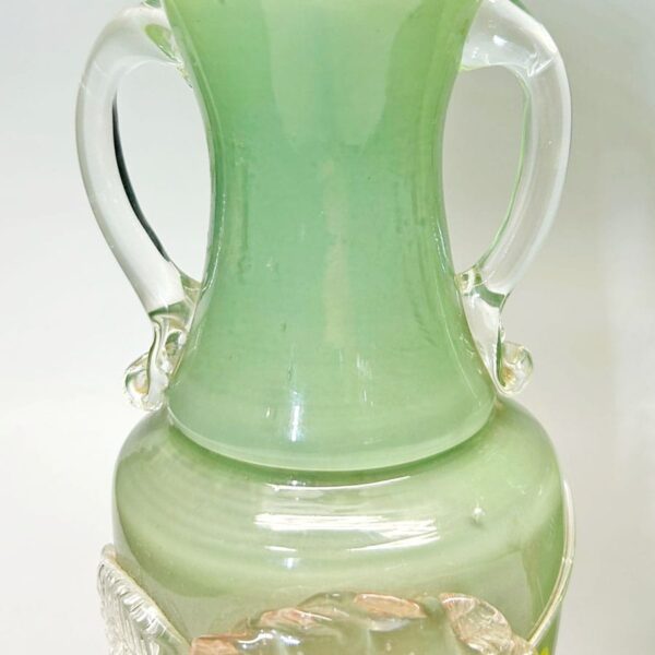 Murano Italy Pair Green Glass Vases With Applied Flower and Leaves 20th