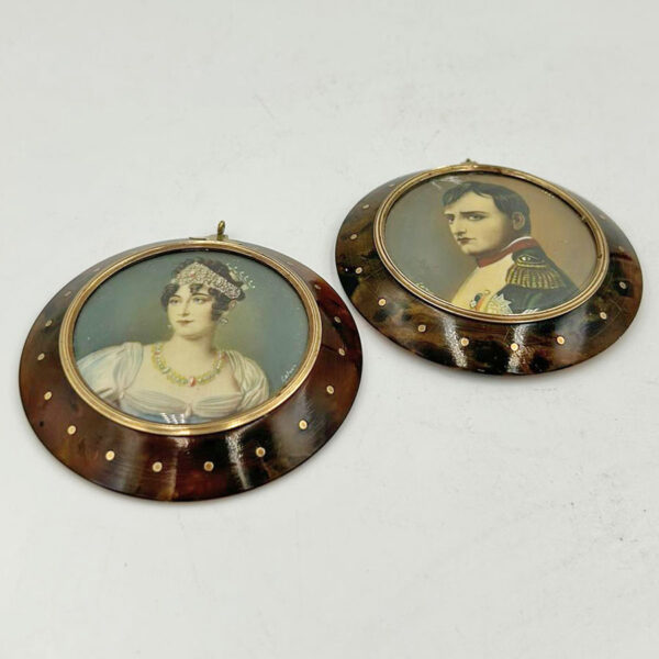 French Gold Mounted Tortoiseshell Pair  Of Miniature Portrait Paintings of Napoleon & Josephine
