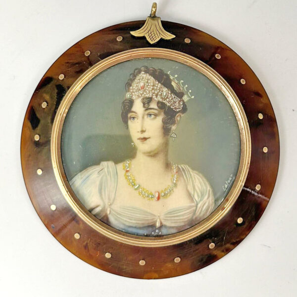 French Gold Mounted Tortoiseshell Pair  Of Miniature Portrait Paintings of Napoleon & Josephine