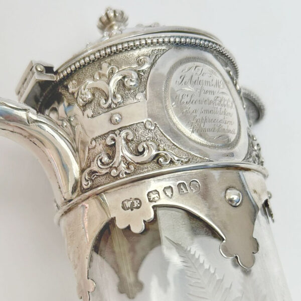 Hallmarked Silver London 1876 Claret Jug Fern Etched Glass