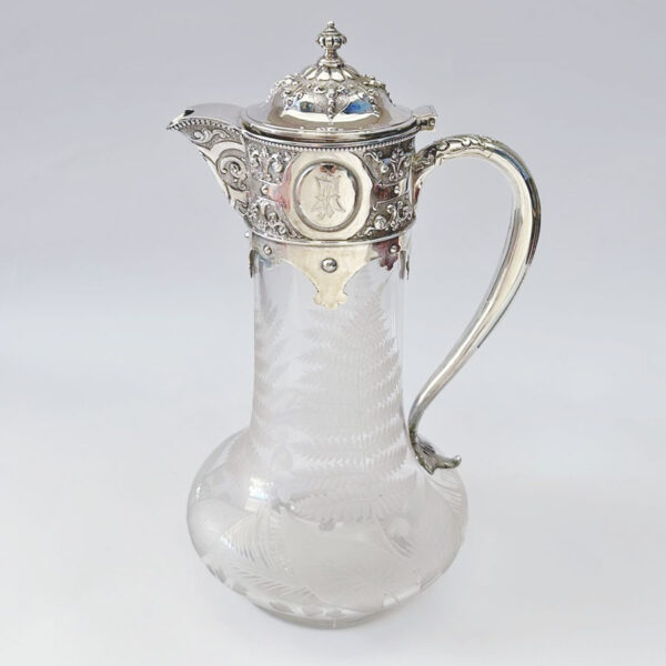 Hallmarked Silver London 1876 Claret Jug Fern Etched Glass