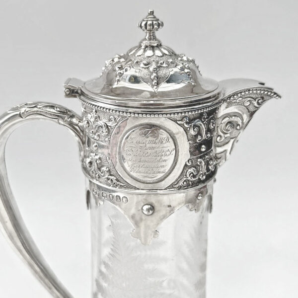 Hallmarked Silver London 1876 Claret Jug Fern Etched Glass