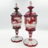 Bohemian Glass Pair Ruby Over Lay Cut To Clear Deer Forest Scene Urns 19th
