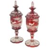 Bohemian Glass Pair Ruby Over Lay Cut To Clear Deer Forest Scene Urns 19th