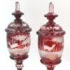 Bohemian Glass Pair Ruby Over Lay Cut To Clear Deer Forest Scene Urns 19th