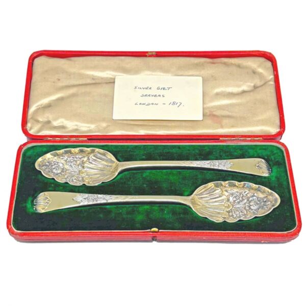 Pair London 1817 Hallmarked Silver Berry Spoons Boxed