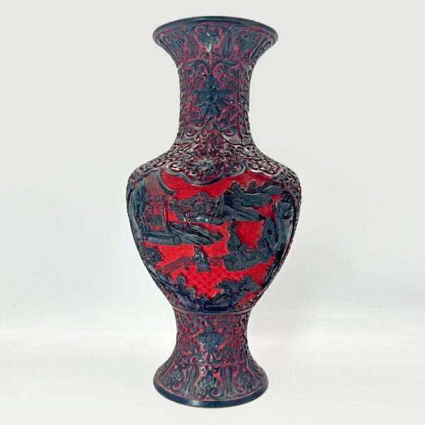 Cinnabar Chinese Hand Carved Large Village Scene Dual Tone Vase 20th
