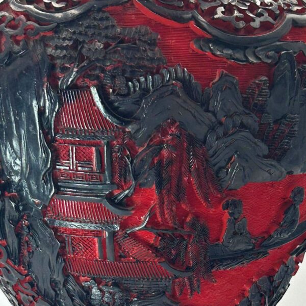 Cinnabar Chinese Hand Carved Large Village Scene Dual Tone Vase 20th