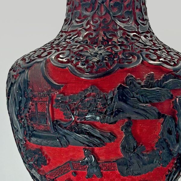 Cinnabar Chinese Hand Carved Large Village Scene Dual Tone Vase 20th