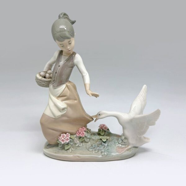 Lladro Figurine Goose Chasing a Girl With Basket Of Eggs