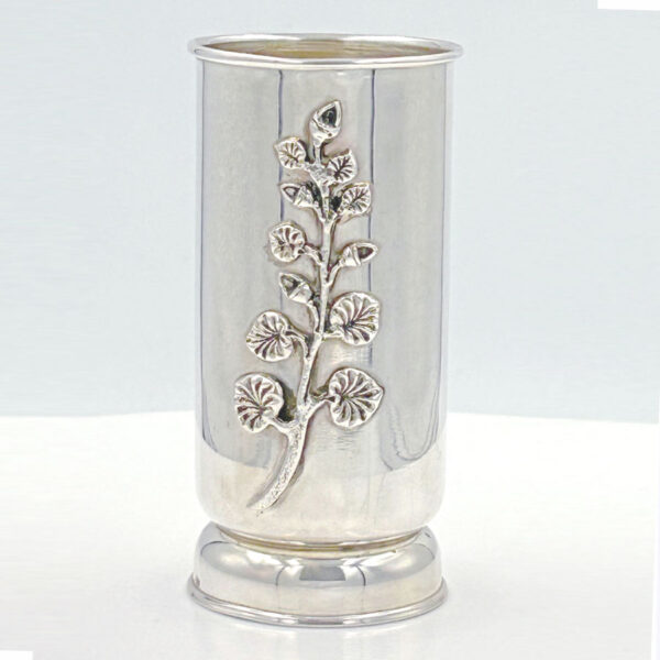 Sterling Silver Cylinder Vase Applied Leaf Motif