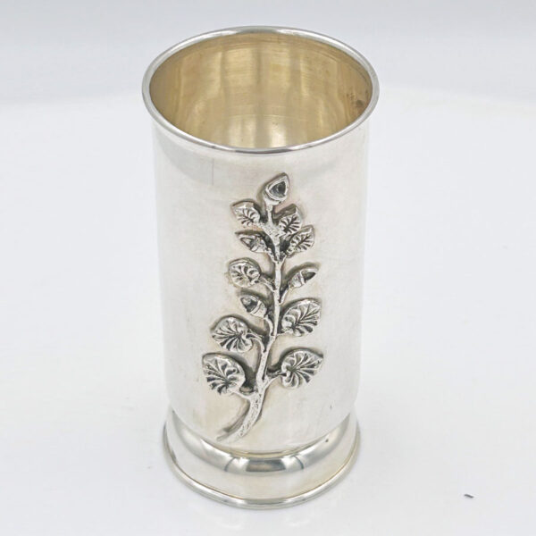 Sterling Silver Cylinder Vase Applied Leaf Motif