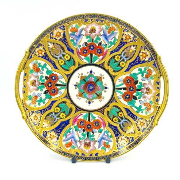 Noritake Japan Maruki Seal Gold Flowers and Birds Large Tea Cake Plate