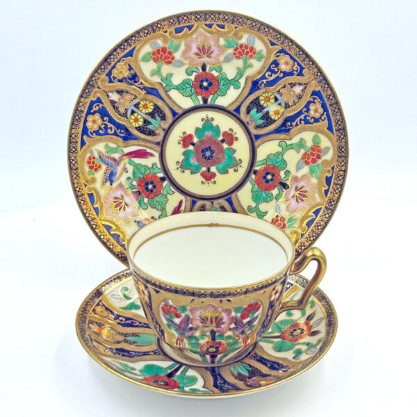 Noritake Japan Maruki Seal Gold Flowers and Birds Tea Trio