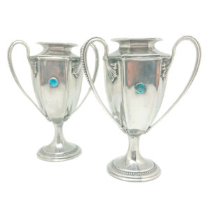 Arts and Crafts Tudric Pair Vases With Enamel Cabochons C1890