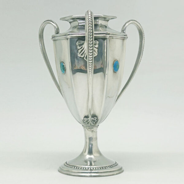 Arts and Crafts Tudric Pair Vases With Enamel Cabochons C1890