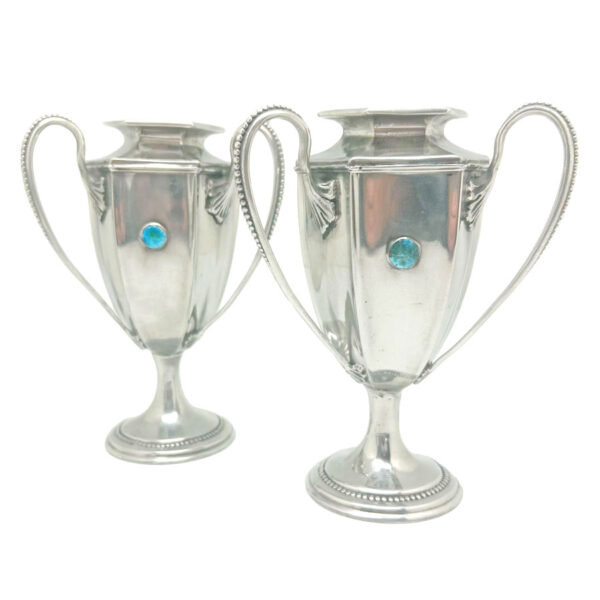 Arts and Crafts Tudric Pair Vases With Enamel Cabochons C1890