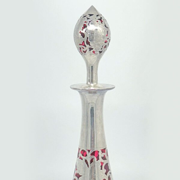 Art Nouveau Cranberry Glass Silver Overlay Decanter C1910