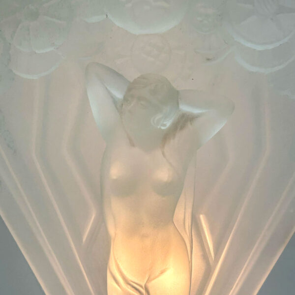 Art Deco Moulded Frosted Glass Lady With Fan Lamp C1930