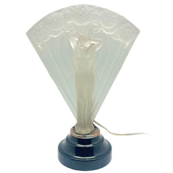 Art Deco Moulded Frosted Glass Lady With Fan Lamp C1930