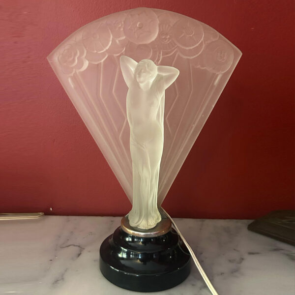 Art Deco Moulded Frosted Glass Lady With Fan Lamp C1930