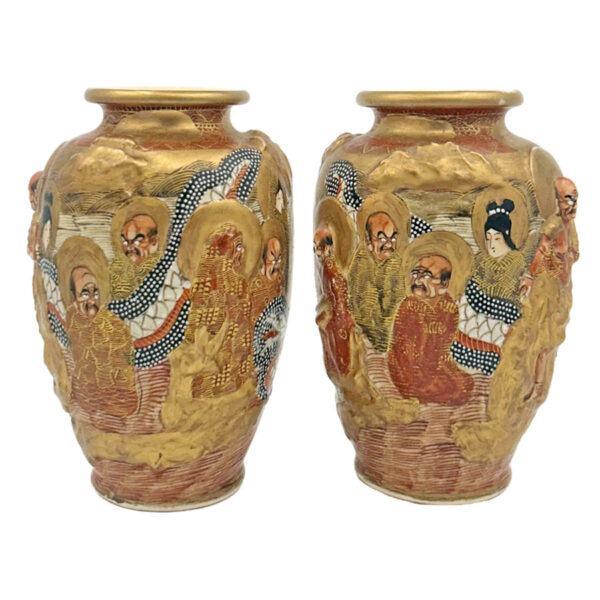 Pair Japanese Kyoto  Satsuma Rakkon Kobe  Vases 1920's