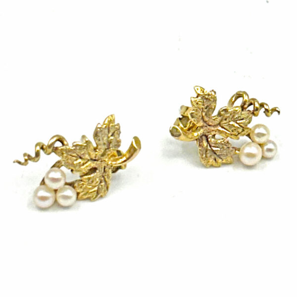 9Ct Gold Pair Pearl Grape Leaf Earrings