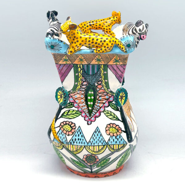 Ardmore Hand Painted Cheetah and Zebra Vase Vusi 1994