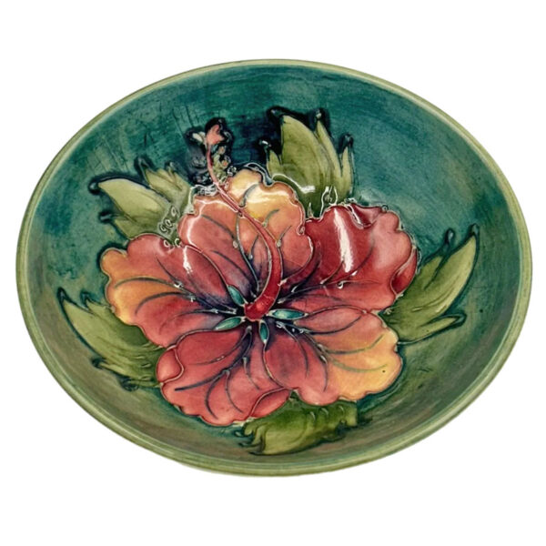 Moorcroft-hibiscus-footed-bowl-on-green-ground-1969 Moorcroft Hibiscus Footed Bowl On Green Ground C1969