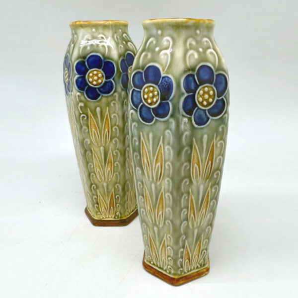 Royal Doulton Lambeth England Stoneware Pair Stylised Flowers Vases C1930