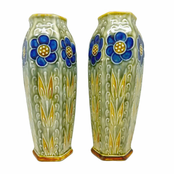 Royal Doulton Lambeth England Stoneware Pair Stylised Flowers Vases C1930