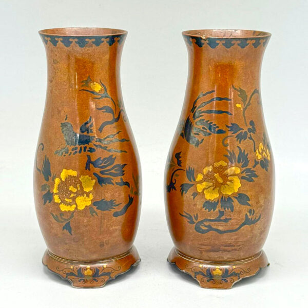 Pair Chinese Bronze Vases With Gold and Silver Overlay 19th