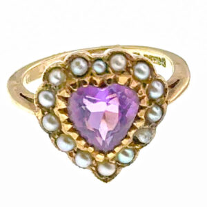9ct Victorian Amethyst And Seed Pearl Heart Shaped Ring