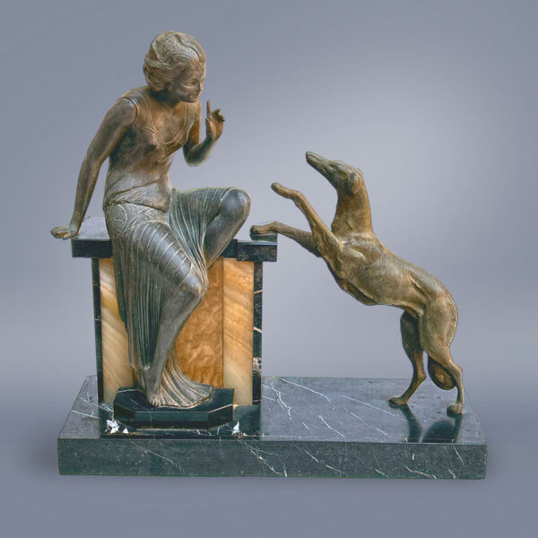 Art Deco Centrepiece La Reprimande Lady With Greyhound On Onyx and Marble Base C1930