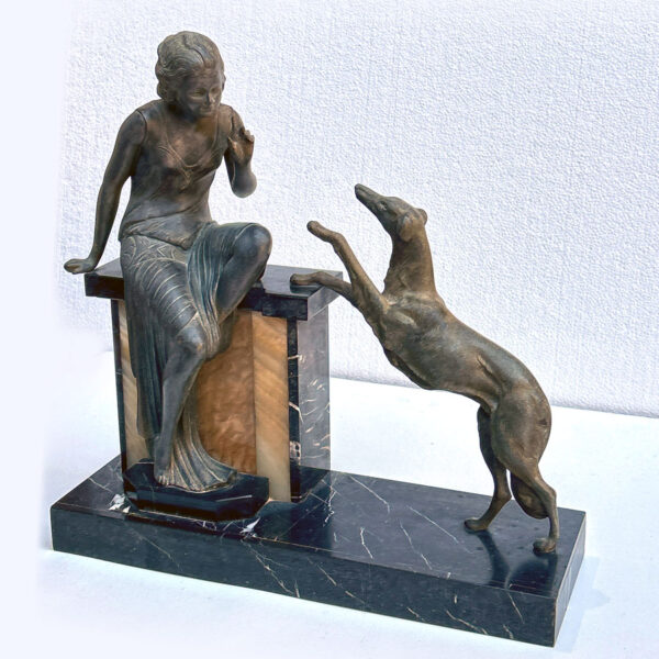 Art Deco Centrepiece La Reprimande Lady With Greyhound On Onyx and Marble Base C1930