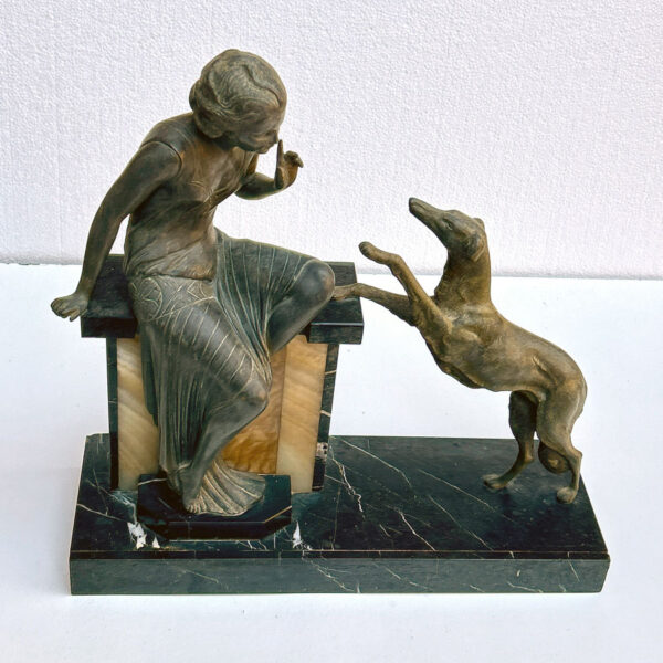 Art Deco Centrepiece La Reprimande Lady With Greyhound On Onyx and Marble Base C1930